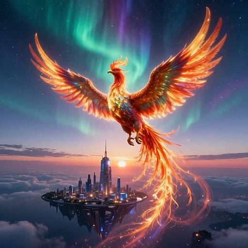 Digital artwork of a fiery phoenix with glowing, multicolored wings soaring above a cityscape with auroras in the night sky.