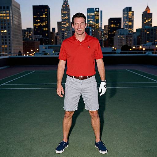 Photograph of a smiling, athletic man in a red polo, white shorts, blue sneakers, and white gloves, standing on a rooftop tennis court at