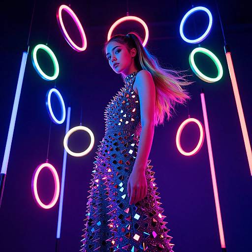 Photograph of a young woman with long blonde hair in a glittery, sequin dress, illuminated by vibrant neon lights in blue, pink, and