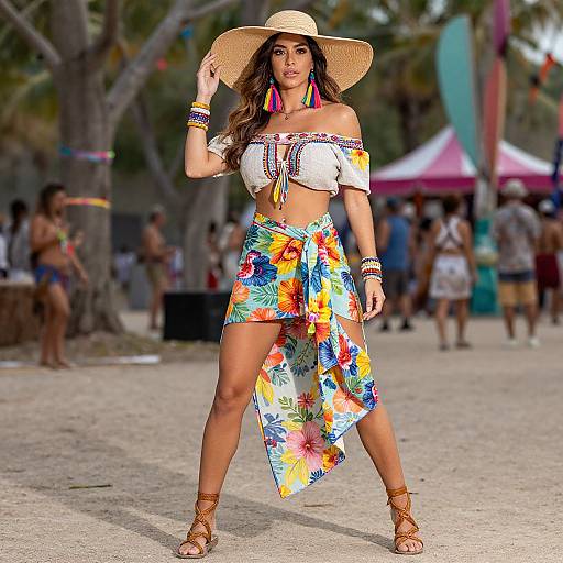 Photograph of a confident woman in a white off-shoulder crop top, colorful floral wrap skirt, wide-brimmed straw hat, and brown