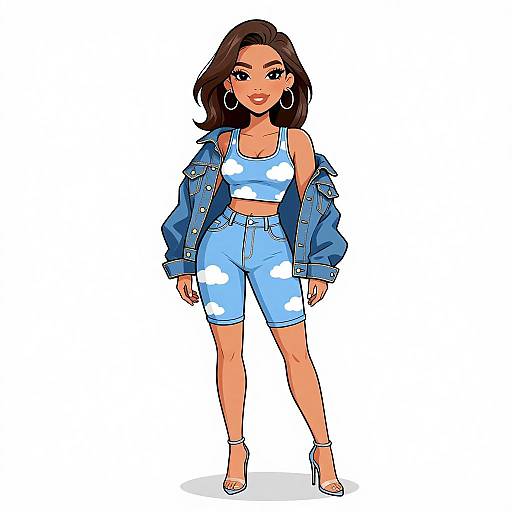 Digital drawing of a stylish woman with medium brown skin and black hair, wearing a blue denim jacket, white crop top, and high-waisted shorts