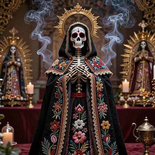 Photograph-style digital art of a skeletal figure in a black, floral-embroidered robe with a golden halo, surrounded by smoking blue wisps