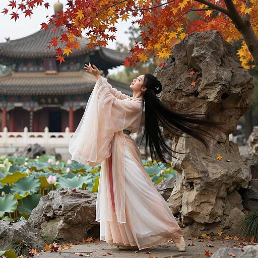 Photograph of an Asian woman in a flowing white traditional dress, with long black hair, posing gracefully by a rock under autumn leaves, with a traditional