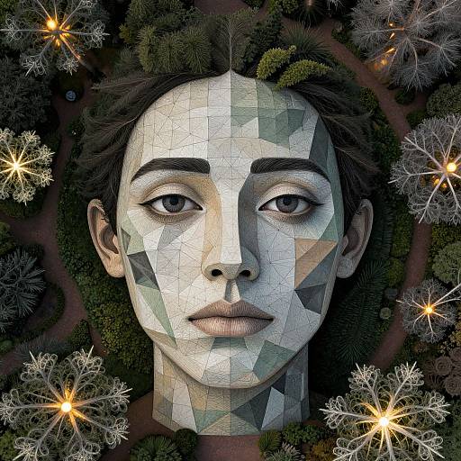Digital art of a woman with a geometric, mosaic-style face, surrounded by glowing stars and intricate, white, frost-like branches.