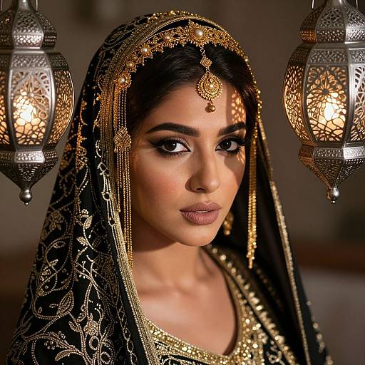 Photograph of a South Asian woman with dark hair, wearing an ornate black and gold traditional wedding outfit, adorned with a headpiece, under two