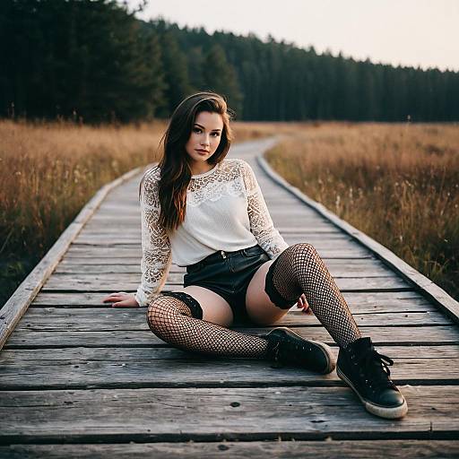 Young Woman Sitting on Wooden Boardwalk in Fashion Outfit