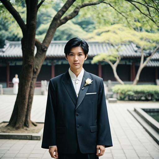 Asian groom in traditional black outfit outdoors