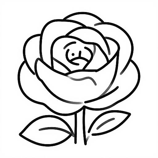 Black and white line drawing of a rose with a simple, circular bud, two leaves, and a straight stem.