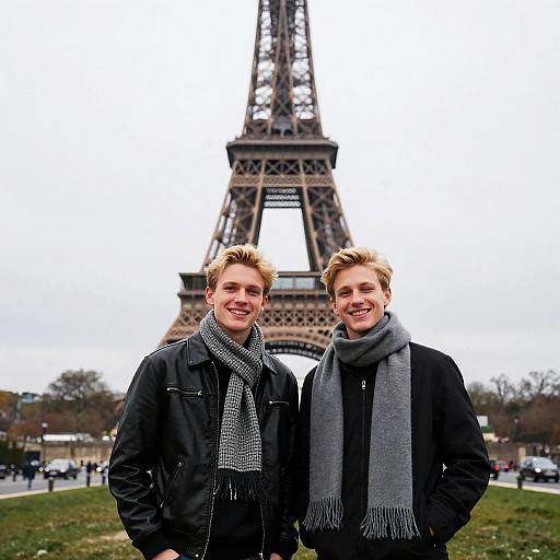Young Men Smiling at Eiffel Tower