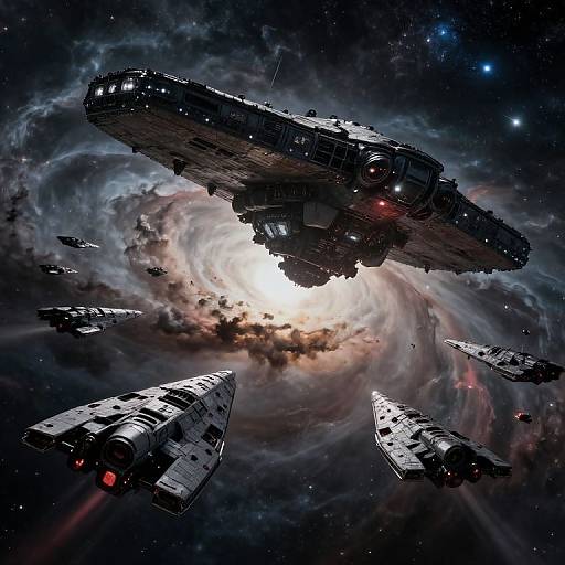 Digital artwork of Star Wars-style starships flying through a swirling, colorful galaxy with bright light at the center, surrounded by dark space.