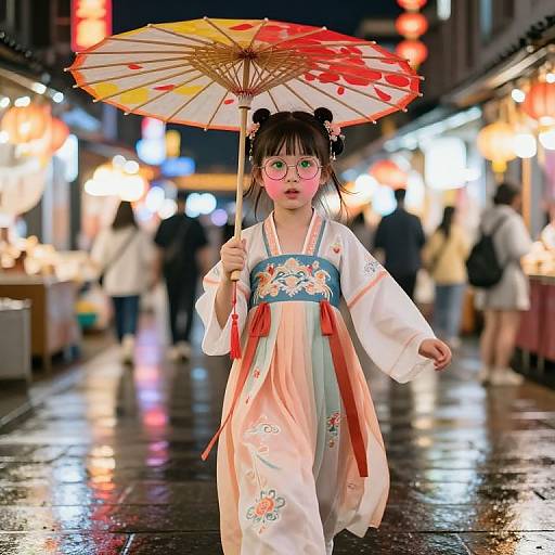 Photograph of a young Asian girl in a traditional white kimono with floral patterns, holding a colorful paper umbrella, walking on a wet, brightly lit