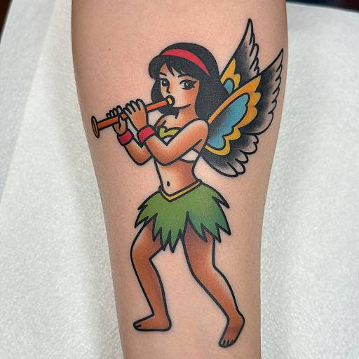 Colorful tattoo of a fairy-like girl with black hair, blue wings, green skirt, and red headband, playing a pipe on a leg.