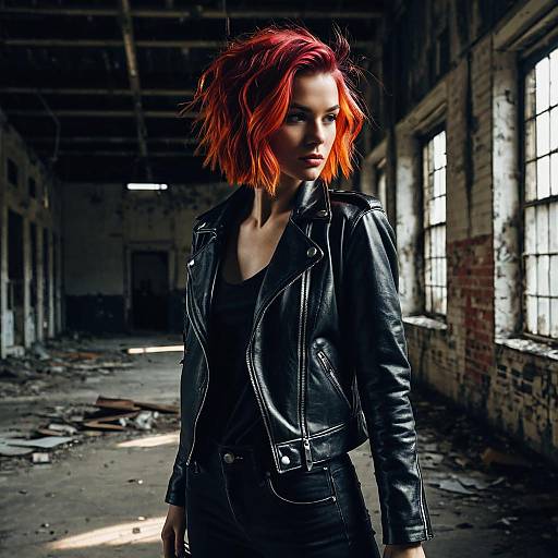 Woman with Vivid Red Hair in Leather Jacket