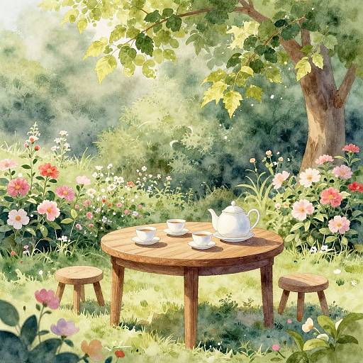 Whimsical watercolor painting of a wooden table with teapot, cups, and stools in a sunlit garden surrounded by vibrant flowers and lush green
