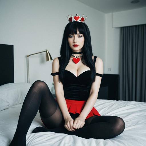 Woman in Heart-Themed Costume Sitting on Bed