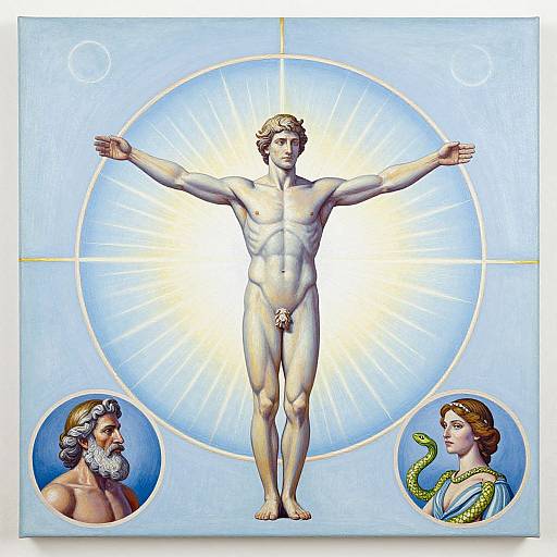 Digital artwork of nude, muscular man with outstretched arms centered in radiant circle, flanked by circular portraits of bearded man and woman with snake