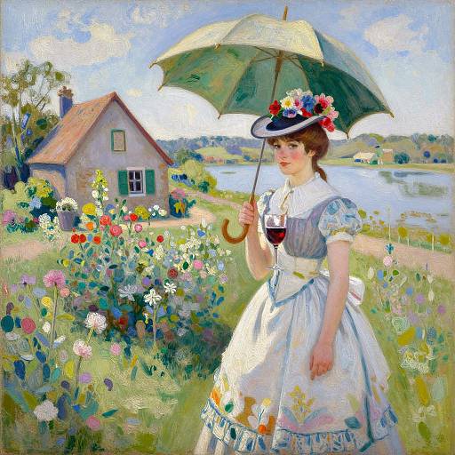 Impressionistic painting of a woman in a white floral dress, black hat with flowers, holding an umbrella, standing in a vibrant flower-filled meadow