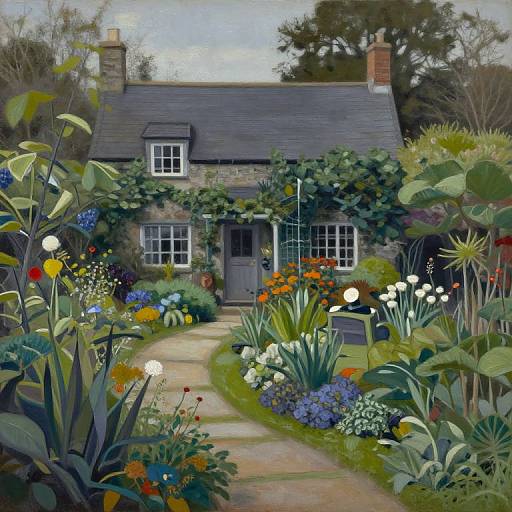 Whimsical digital painting of a charming stone cottage with ivy-covered walls, surrounded by a vibrant, colorful garden with various flowers, large leaves,