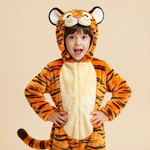 Young boy in a vibrant orange tiger onesie with black stripes, white chest, and tiger ears, smiling with hands on hips. Photograph.