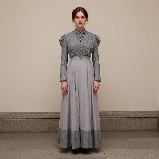 Photograph of a young woman with fair skin, dark hair in an updo, wearing a Victorian-style, long-sleeved, gray-striped dress