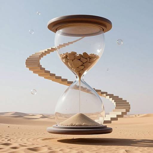 Photorealistic CGI of a glass hourglass with wooden lid, filled with white pebbles, standing on desert sand dunes under clear blue sky