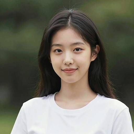 Photograph of a young Asian woman with long black hair, fair skin, and a subtle smile, wearing a plain white shirt, against a blurred green