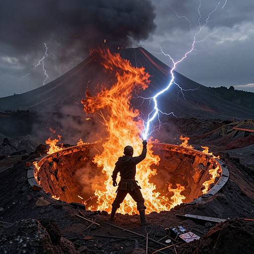 Photograph of a silhouetted figure standing in a volcanic crater, holding a lightning bolt, with fiery flames and a erupting volcano under a