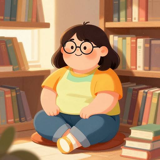Digital illustration of a chubby, smiling girl with black hair, glasses, orange-yellow shirt, blue pants, and striped socks, sitting cross-legged on a