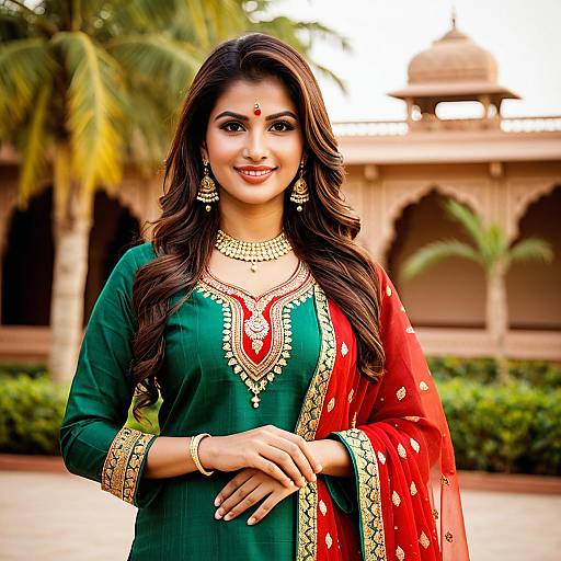 Indian Woman in Traditional Green and Red Salwar Kameez