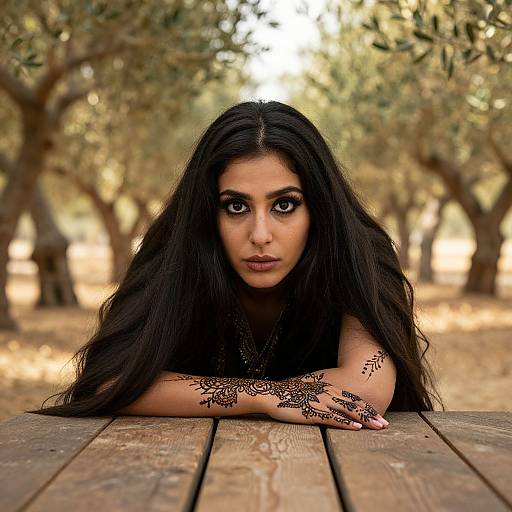 Photograph of a young woman with long black hair, dark eyes, and intricate black henna on her arms, lying on a wooden table in a