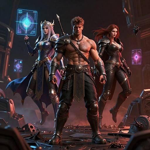 Muscular Man and Fantasy Warrior in Hologram