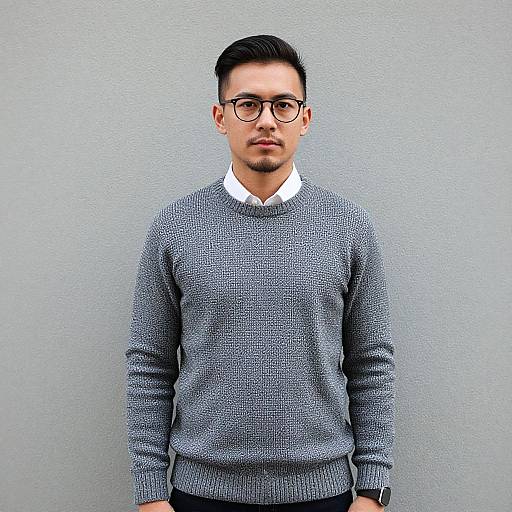 Photograph of a young Asian man with short black hair, glasses, and a trimmed beard, wearing a gray knit sweater over a white shirt, standing