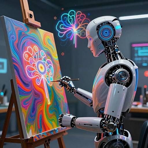 Photograph of a white, futuristic robot painting on an easel with vibrant, neon swirls and a glowing butterfly in a dark studio.