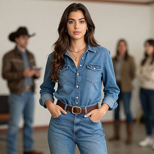 Photograph of a confident woman with long brown hair, wearing a blue denim jumpsuit and brown belt, standing in a blurred indoor setting with casually dressed