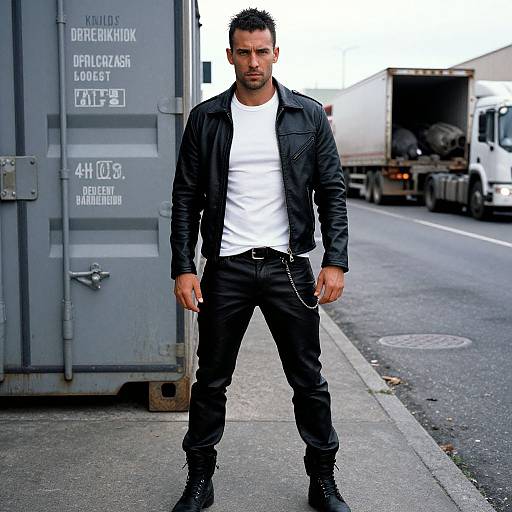 Photograph of a muscular man with dark hair, black leather jacket, white t-shirt, black pants, and boots, standing on a city street beside