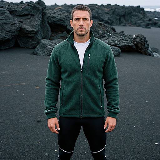 Photograph of a muscular, short-haired white man in a green fleece jacket and black pants, standing confidently against a black rocky landscape.