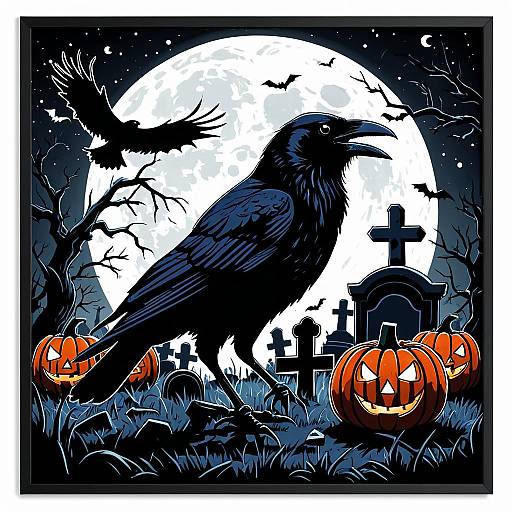 Horror-Themed Raven in Moonlit Graveyard