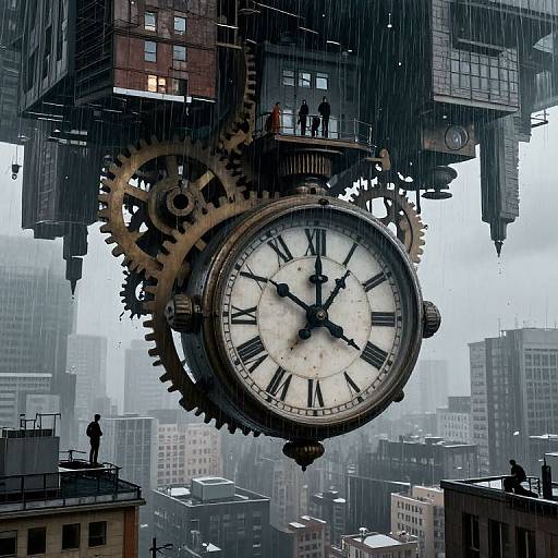Photograph of a steampunk clock with gears, floating in a rainy, foggy urban skyline, with people standing on nearby rooftops.