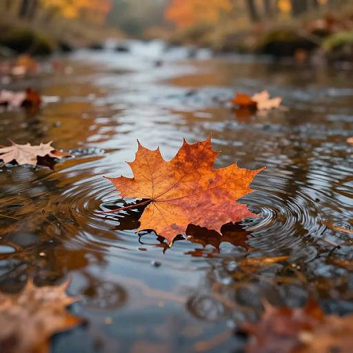 Photograph of a vibrant orange maple leaf floating on a reflective, rippling pond, surrounded by scattered autumn leaves and blurred forest in the background.
