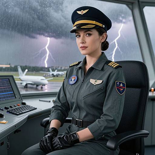 Photorealistic digital artwork of a focused female air traffic controller in a dark green military-style uniform, black gloves, and cap, sitting at a control