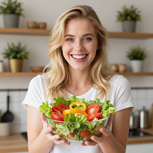 Blonde woman with wavy hair, white shirt, smiling, holding colorful salad with tomatoes, peppers, and lettuce in bright kitchen.