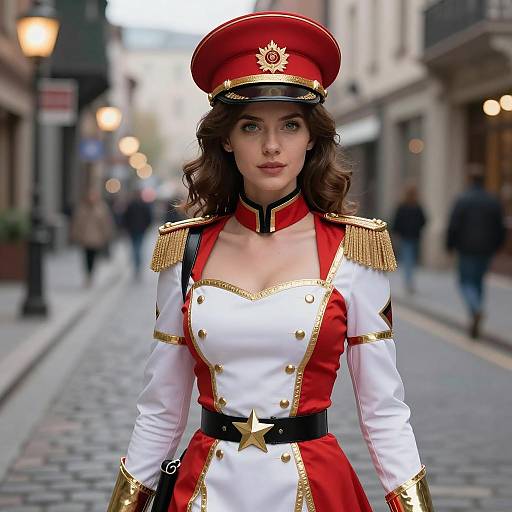 Woman in Red and White Fantasy Military Costume