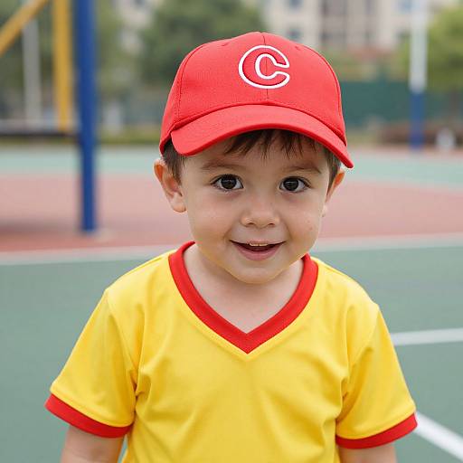 Photograph of a cute young boy with fair skin, brown eyes, and short brown hair, wearing a red cap with a white 