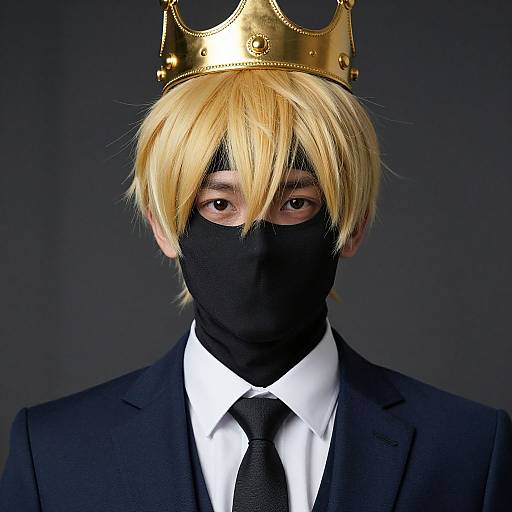 Photograph of a person with blonde wig, golden crown, black mask, black suit, white shirt, and black tie, against a dark background.