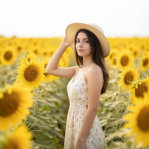 Photograph of a young woman with long dark hair, wearing a white floral dress and straw hat, standing in a vibrant sunflower field.