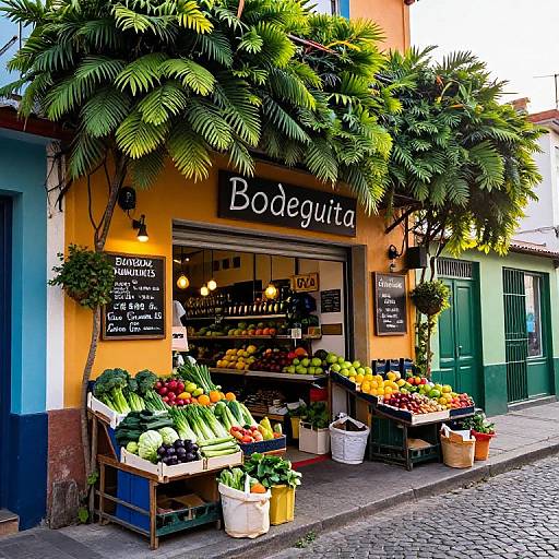 Vibrant photograph of a colorful fruit stand, 