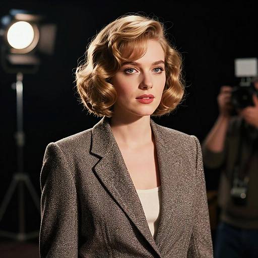 Photograph of a fair-skinned woman with blonde, wavy, vintage-style hair, wearing a textured gray blazer, standing under bright studio lighting