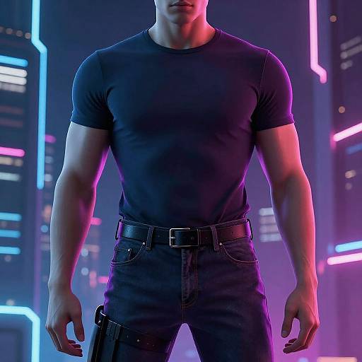 Photorealistic CGI of a muscular man in a tight black t-shirt and pants, standing in a neon-lit futuristic cityscape. Neon blue and