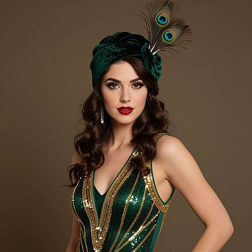 Vintage photo of a fair-skinned woman with red lipstick, dark wavy hair, wearing a green sequined dress and peacock feather hat, against