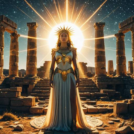 Celestial Goddess Solara with Glowing Sun Beams in Ancient Ruins